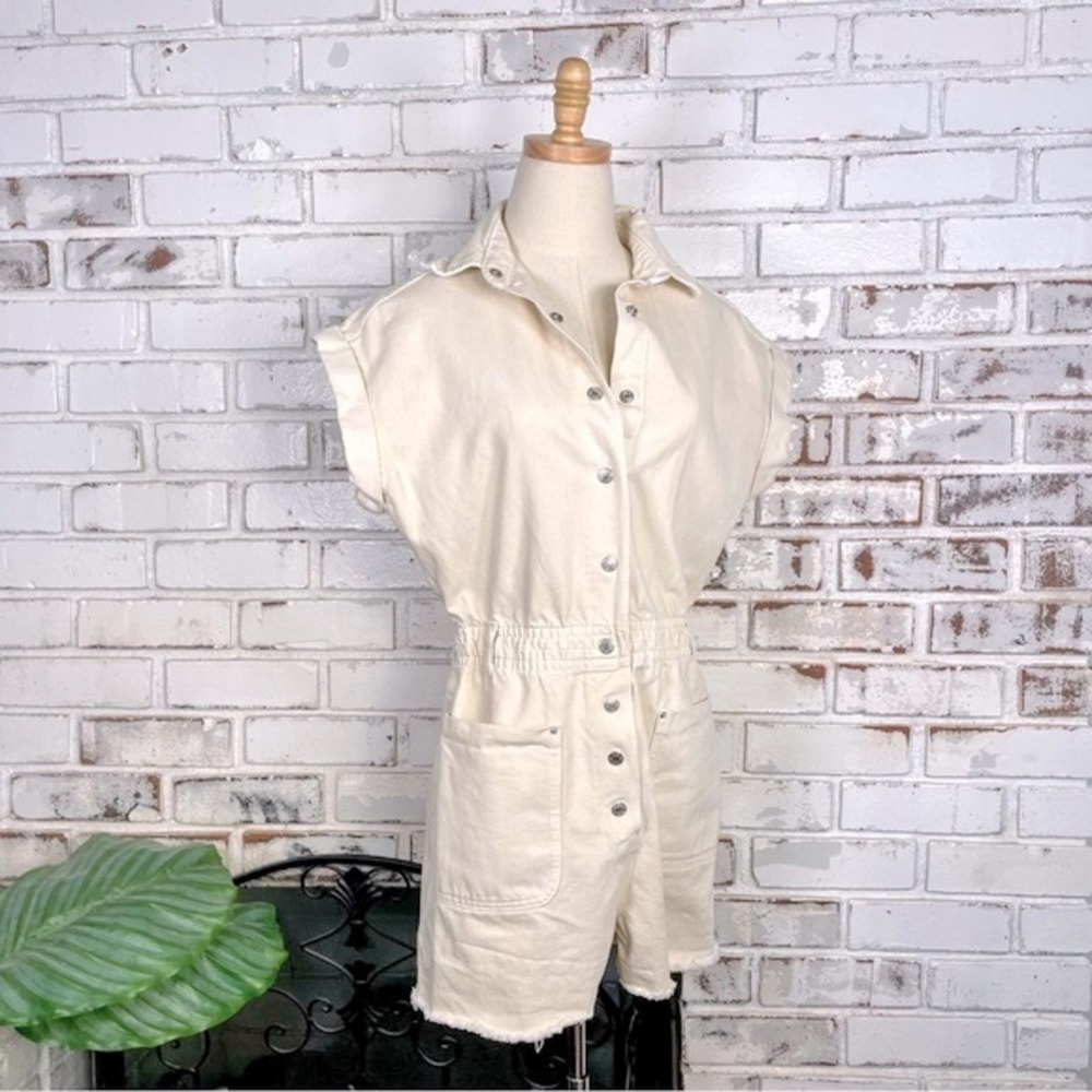 Zara Cream Cream White Denim Boho Button Down Short Sleeve Romper S